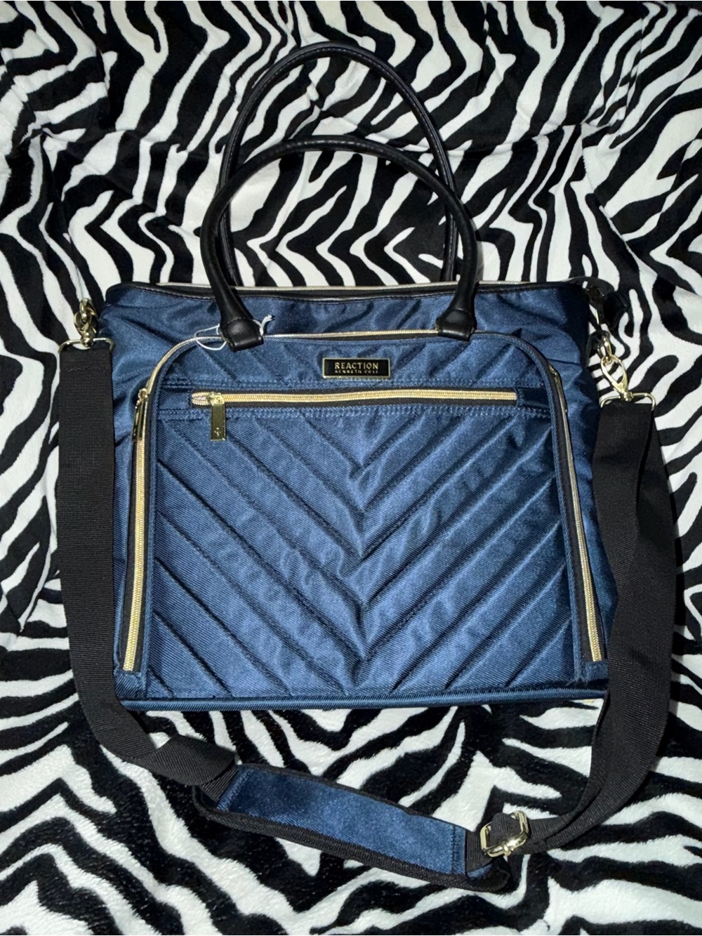 Kenneth Cole Reaction Navy Quilted Laptop Tote with Gold Hardware
